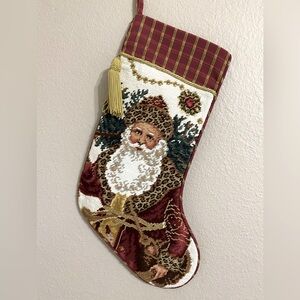 Needlepoint Santa Father Christmas Stocking Lined 17" Gold Trim and Tassel